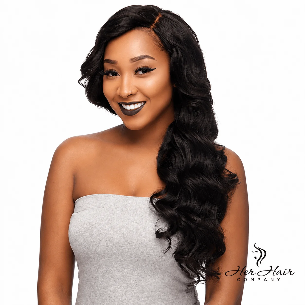 Front view of Brazilian Body Wave Hair 3 Bundle Deal with natural waves and healthy shine, styled on a smiling model.