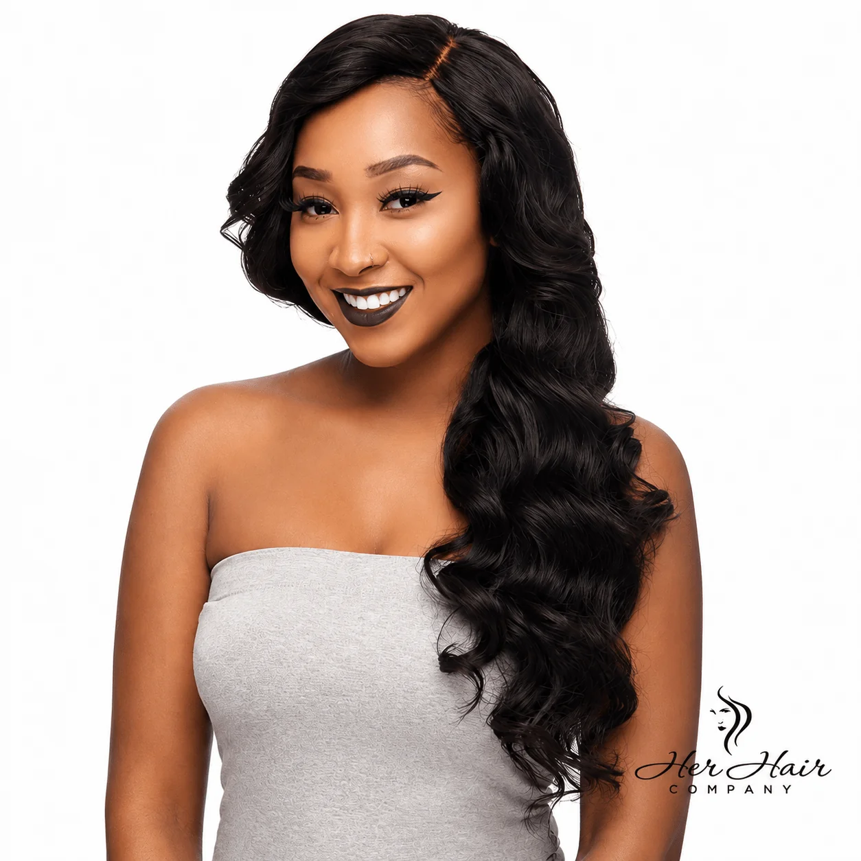 Front view of Brazilian Body Wave Hair 3 Bundle Deal with natural waves and healthy shine, styled on a smiling model.