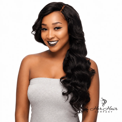 Smiling model wearing Brazilian Body Wave Hair in a front view with a side part, soft body waves, and full length over one shoulder.