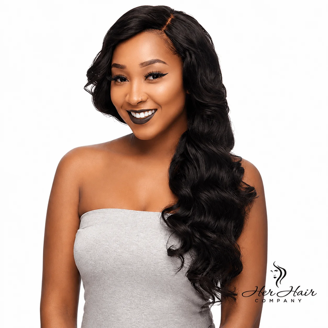 Front view of Brazilian Body Wave Hair 3 Bundle Deal with natural waves and healthy shine, styled on a smiling model.