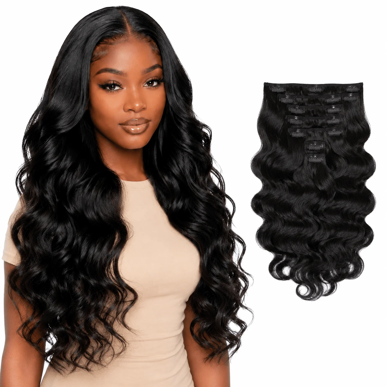 Brazilian clip-in hair extensions in body wave style, premium quality standard bundle with natural, flowing hair.