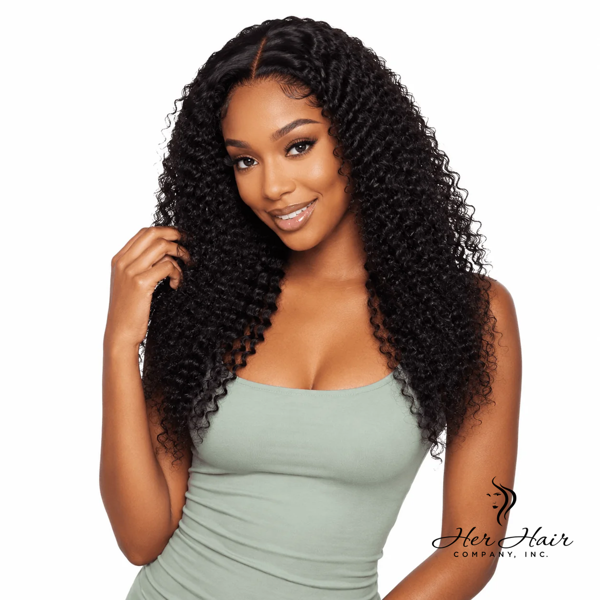 Brazilian deep curly 4x4 HD lace closure with natural hair texture, shown from the front on a model.