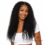 Brazilian deep curly hair bundle from Her Hair Company, showing natural curly texture and full length on a model.