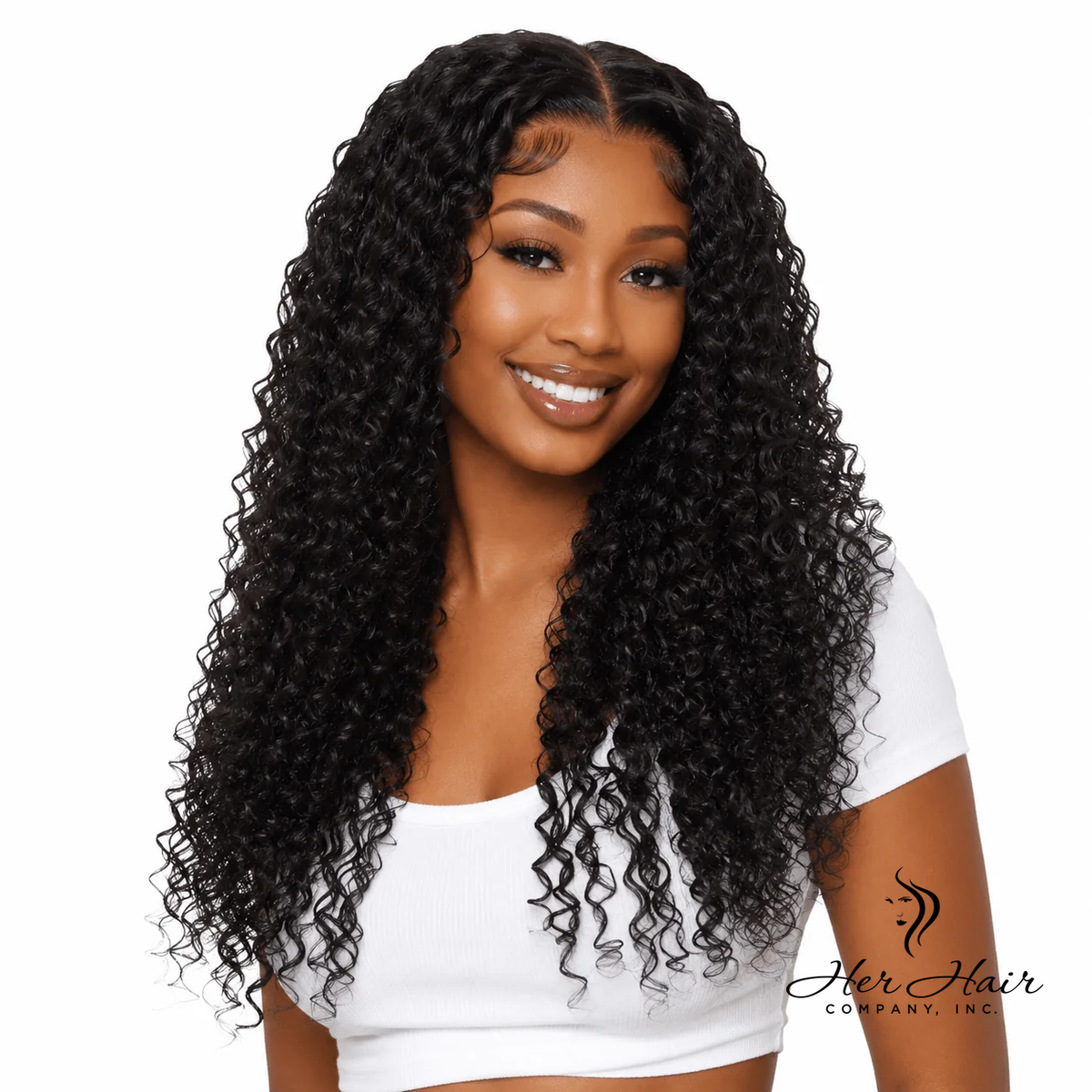 Brazilian deep curly hair bundle from Her Hair Company, showing natural curly texture and full length on a model.