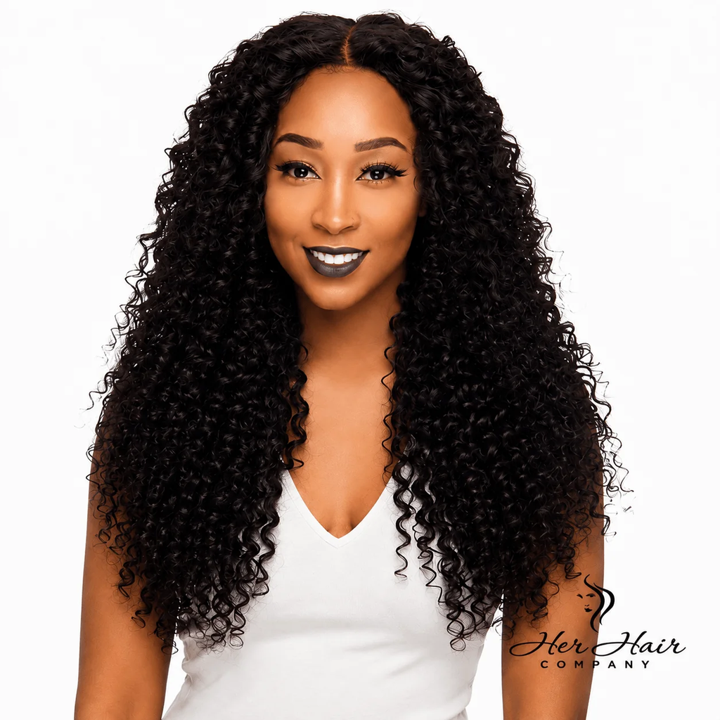 Model wearing Brazilian Deep Curly Hair 3 Bundle Deal in a front view with full defined curls, natural volume, and a center part.