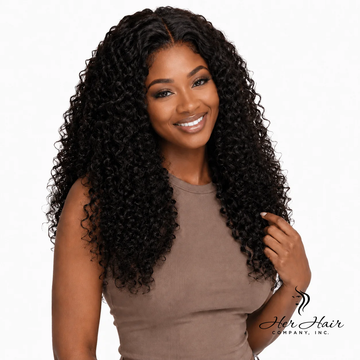 Brazilian deep curly hair bundles from Her Hair Company, showing four bundle deal with curly textures and natural shine.