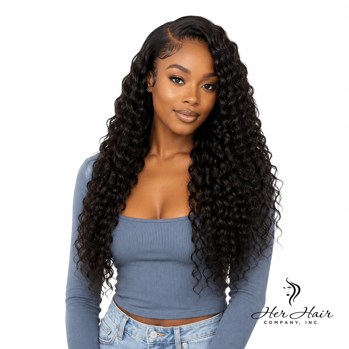Brazilian deep wave 4x4 HD lace closure from Her Hair Company, featuring natural wave pattern and transparent lace for seamless styling.