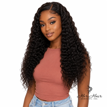 Brazilian deep wave 5x5 HD lace closure from Her Hair Company, showing detailed lace and textured deep wave hair.