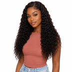 Brazilian deep wave 5x5 HD lace closure by Her Hair Company, showing detailed close-up of the textured hair and lace closure.