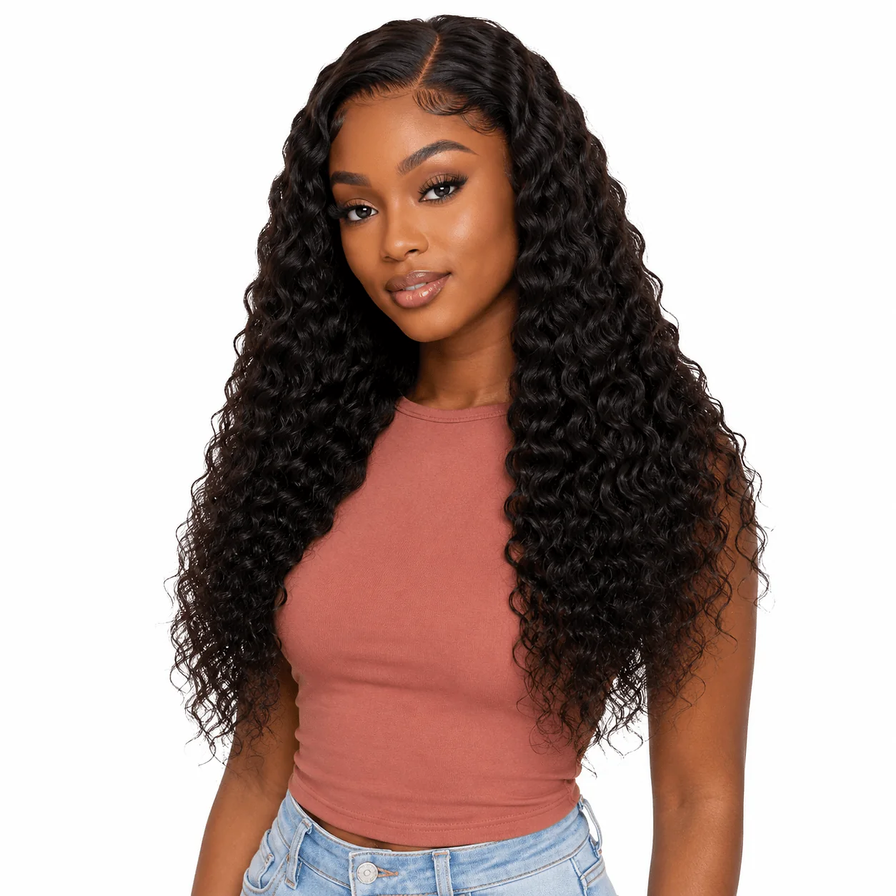 Brazilian deep wave 5x5 HD lace closure by Her Hair Company, showing detailed close-up of the textured hair and lace closure.