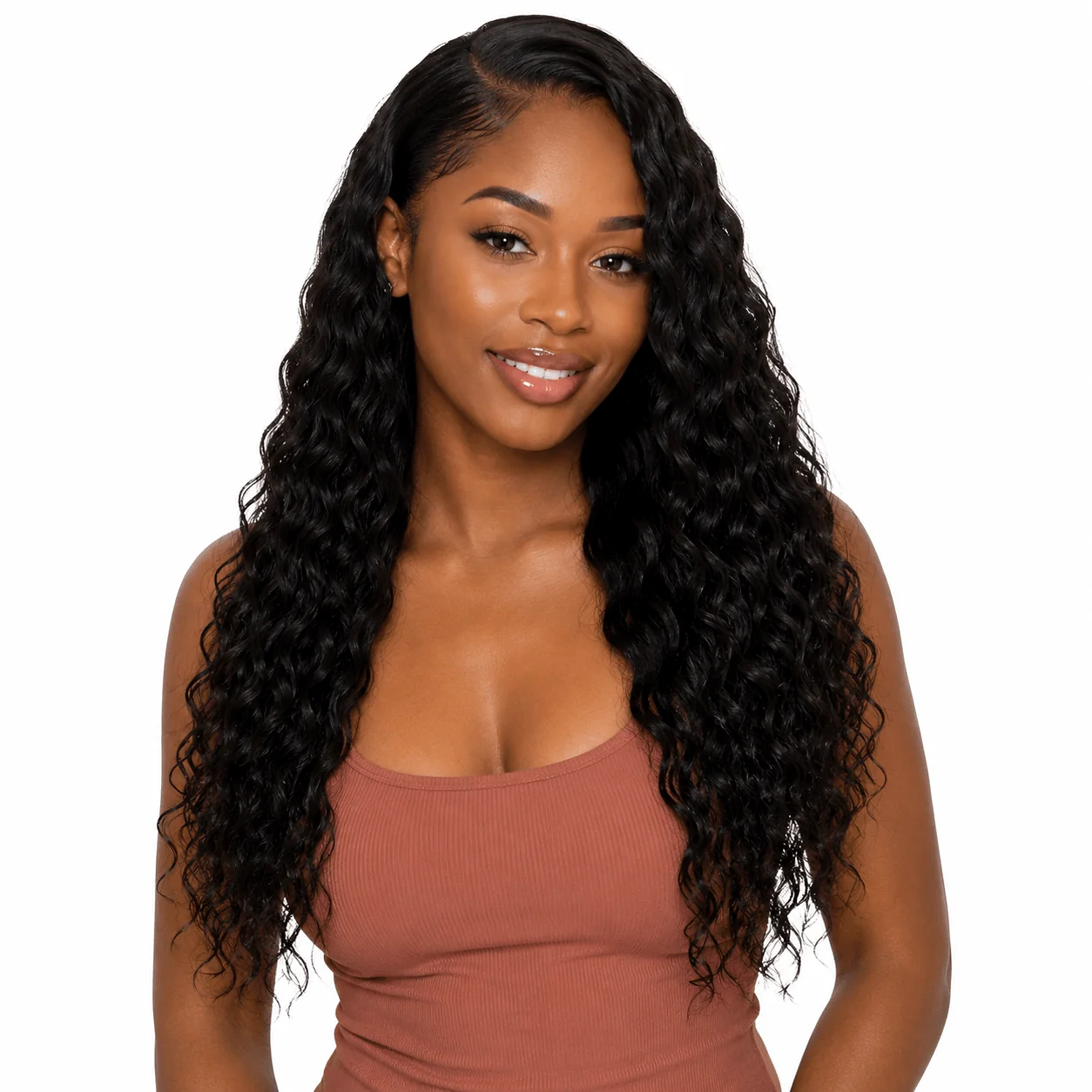 Brazilian Deep Wave Hair bundle from Her Hair Company, showcasing soft, wavy hair with natural shine and texture.