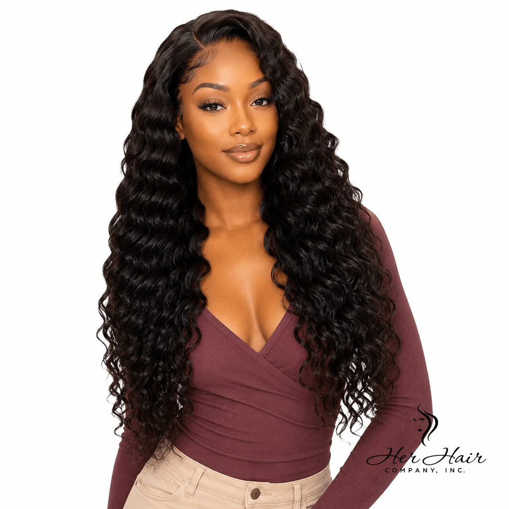 Brazilian deep wave hair bundles from Her Hair Company, showing three thick, wavy bundles for a natural, voluminous look.