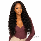 Brazilian deep wave hair bundles from Her Hair Company, showing three thick, wavy bundles for a natural, voluminous look.