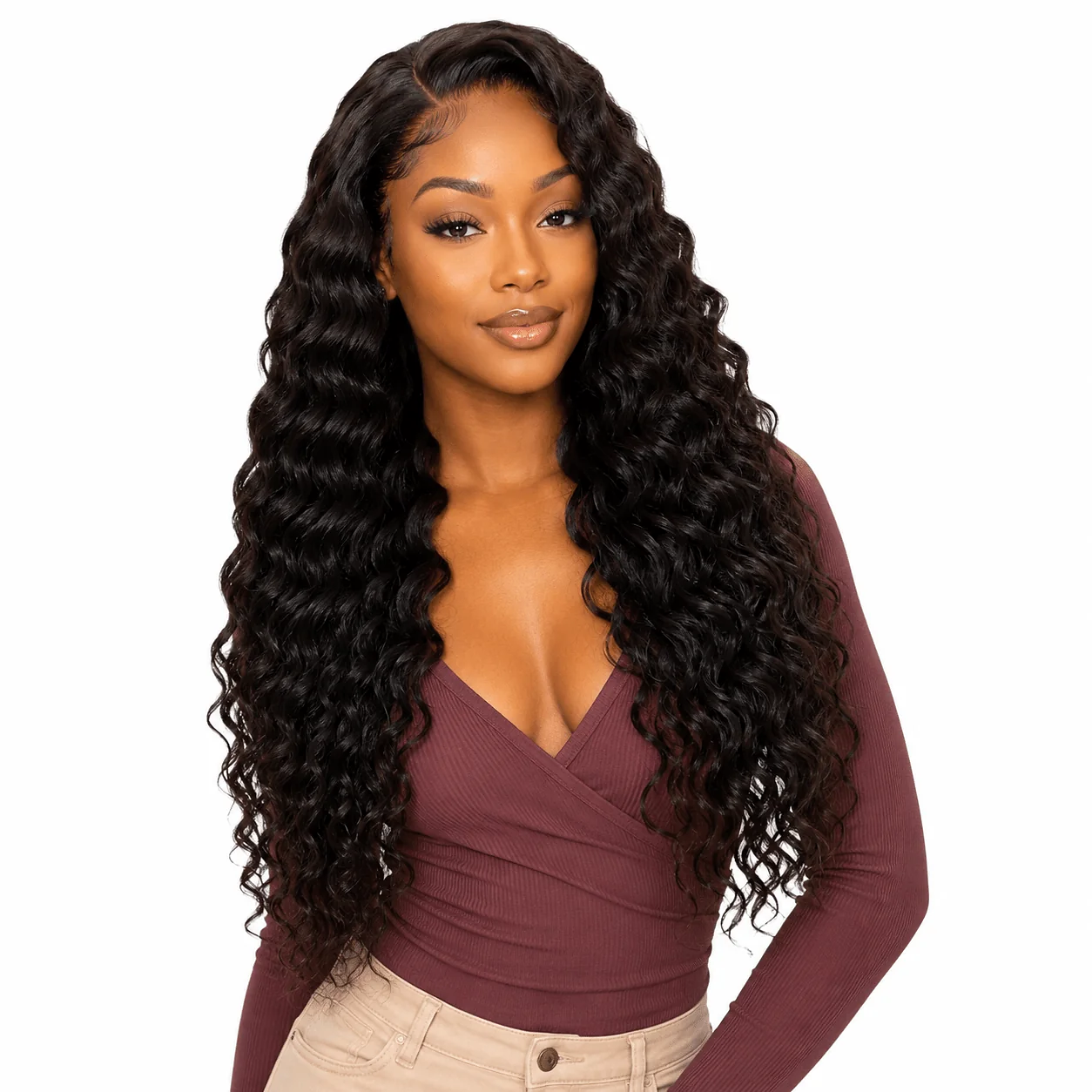 Brazilian Deep Wave Hair 3 Bundle Deal from Her Hair Company, showing textured deep wave bundles on a model.