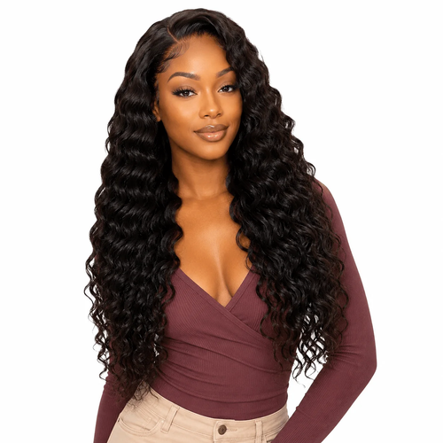 Brazilian Deep Wave Hair 3 Bundle Deal from Her Hair Company, showing textured deep wave bundles on a model.