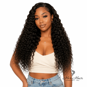 Brazilian Deep Wave Hair 4 Bundle Deal from Her Hair Company, showing textured deep wave bundles on a model.