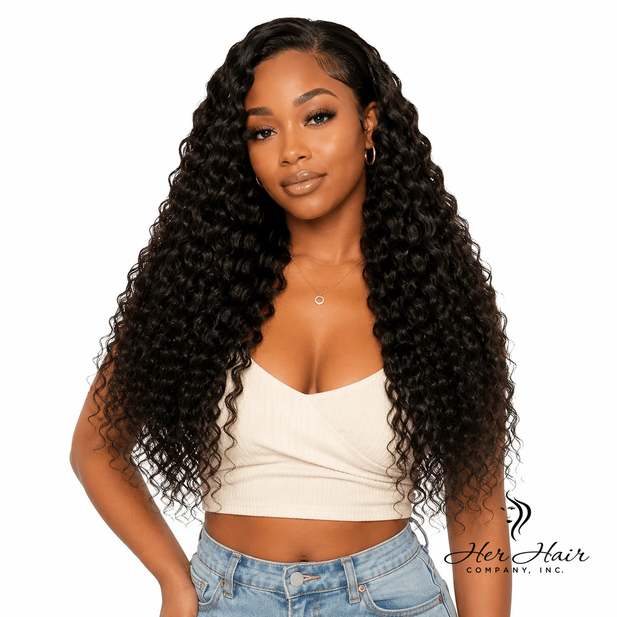 Brazilian Deep Wave Hair 4 Bundle Deal from Her Hair Company, showing textured deep wave bundles on a model.