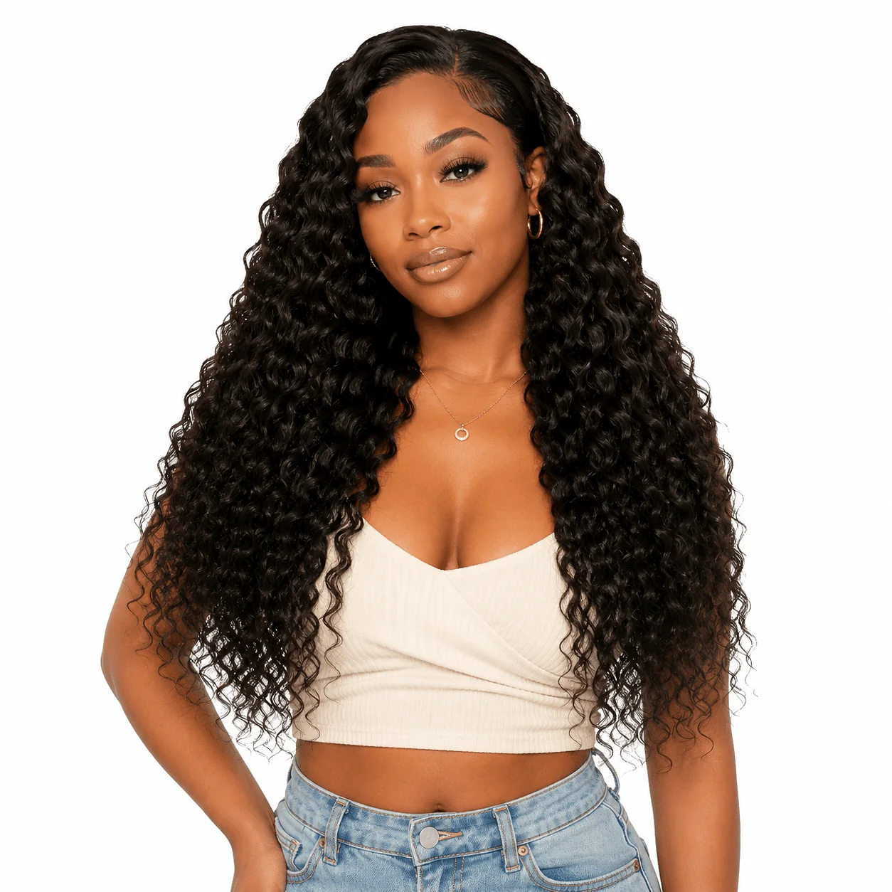 Brazilian Deep Wave Hair 4 Bundle Deal by Her Hair Company, showing natural deep wave texture and full bundle arrangement.