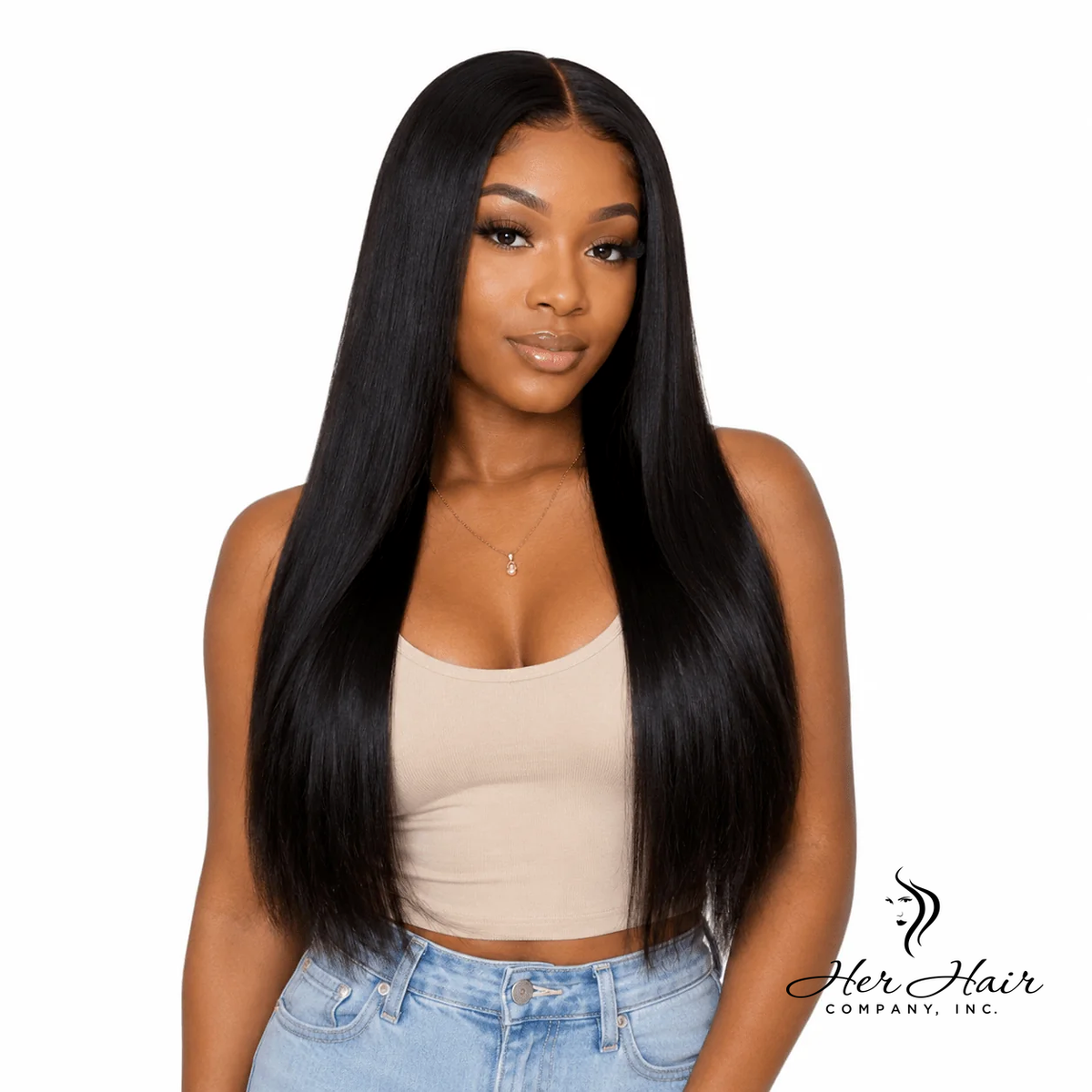 Brazilian double drawn hair bundle by Her Hair Company, showing thick, full natural hair with smooth texture and even length.