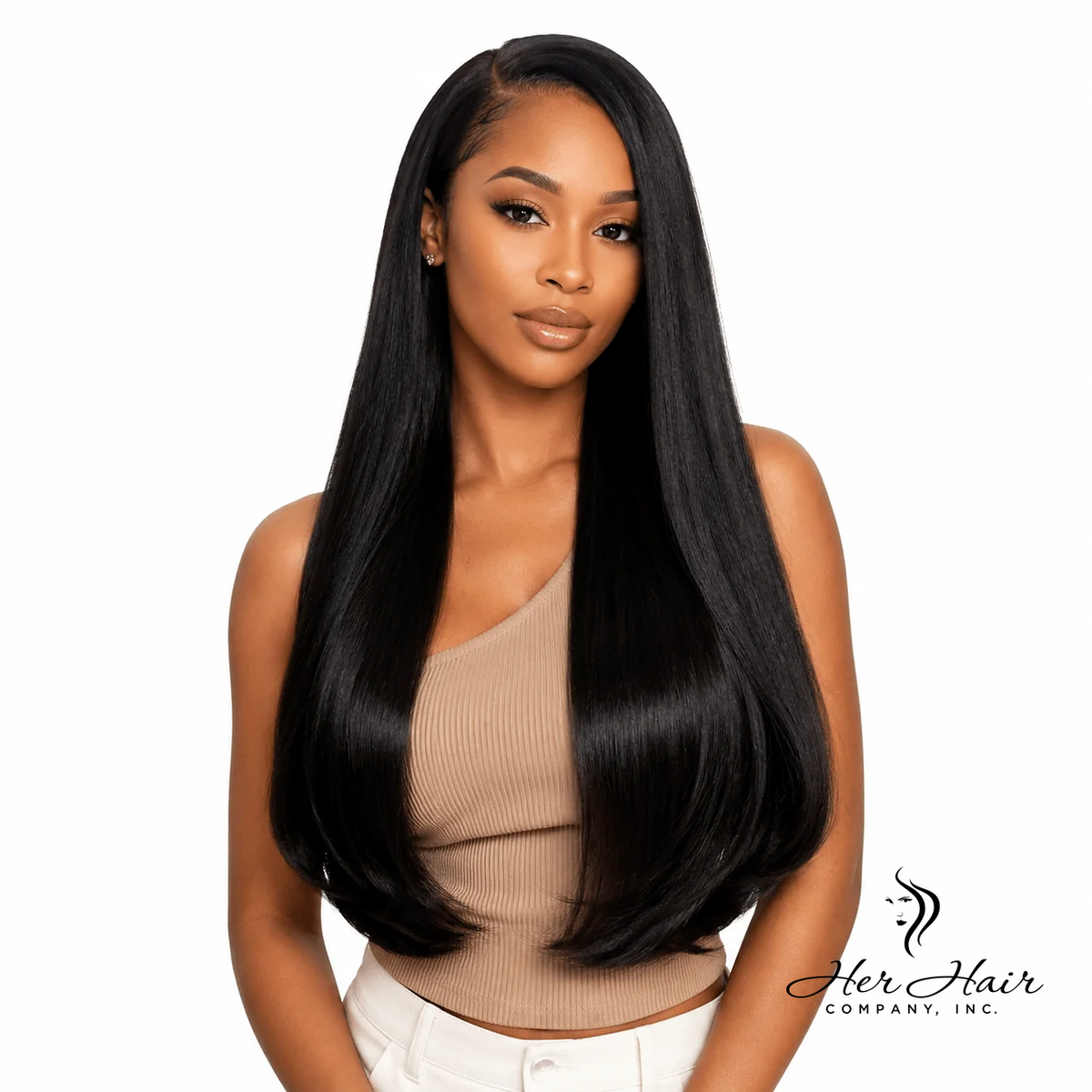 Brazilian double drawn hair 3 bundle deal from Her Hair Company, showing full bundles of straight, silky hair for hair extensions.