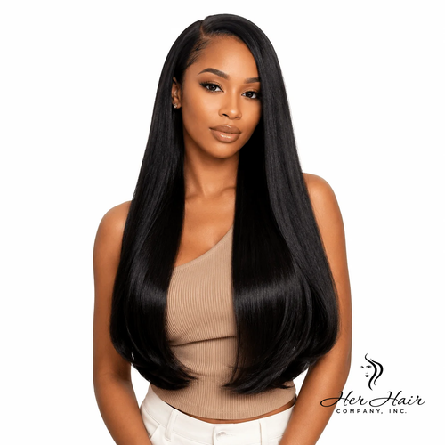 Brazilian double drawn hair 3 bundle deal from Her Hair Company, showing full bundles of straight, silky hair for hair extensions.