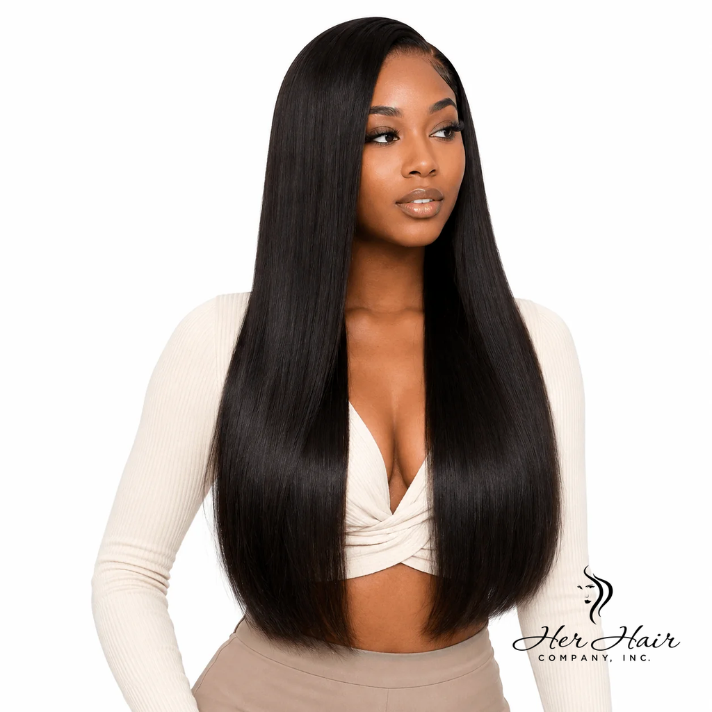 Brazilian Double Drawn Hair 4 Bundle Deal from Her Hair Company, showing luxurious, full bundles of straight hair extensions.