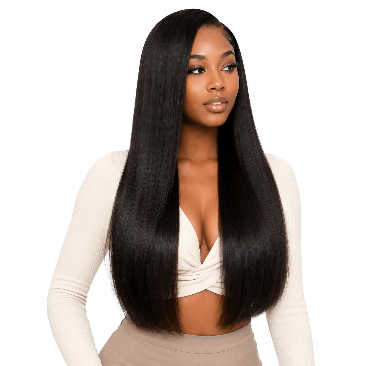 Brazilian double drawn hair in a 4-bundle deal from Her Hair Company, showing straight, full bundles on a model.