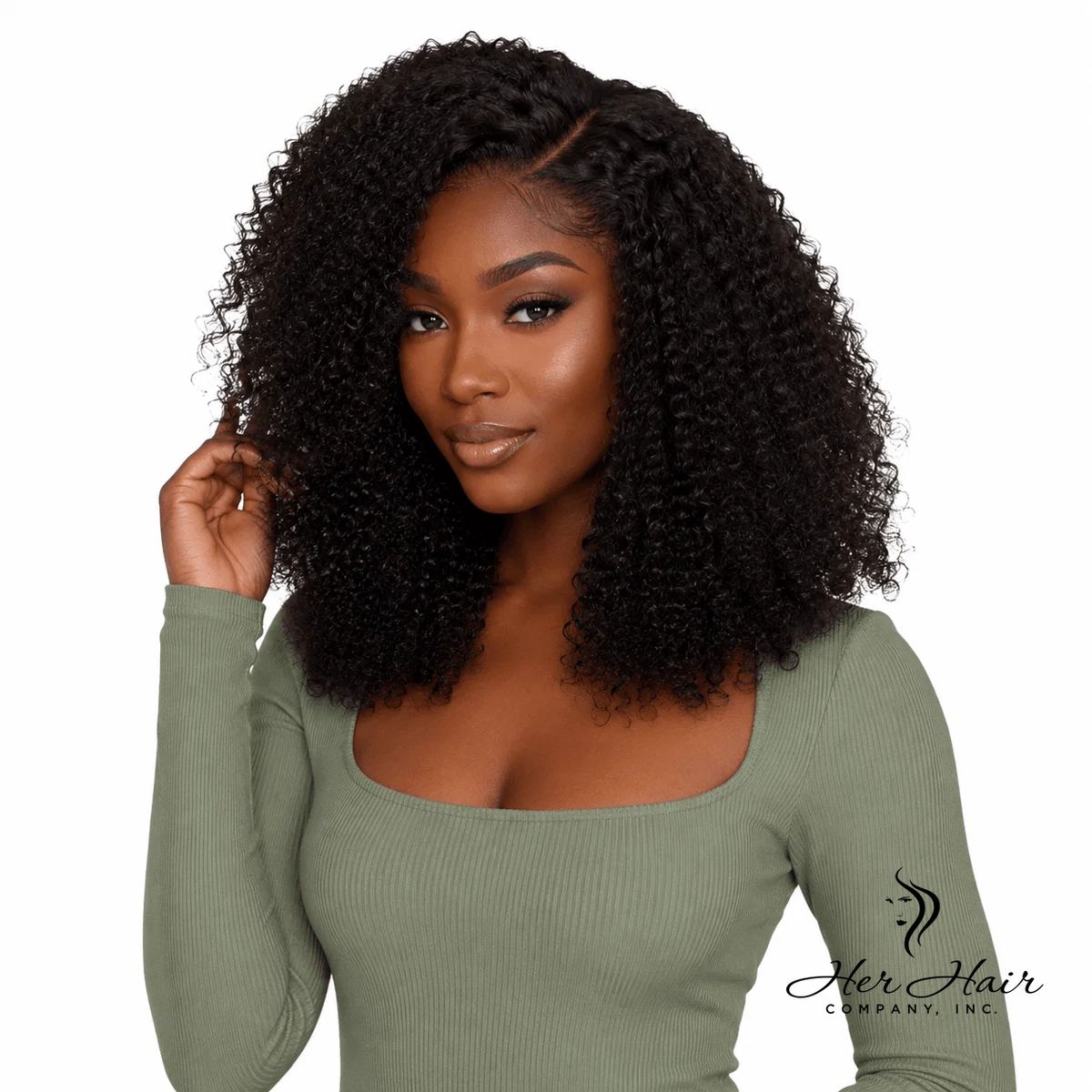 Brazilian kinky curly 4x4 HD lace closure from Her Hair Company, shown front view with lace and curly texture.