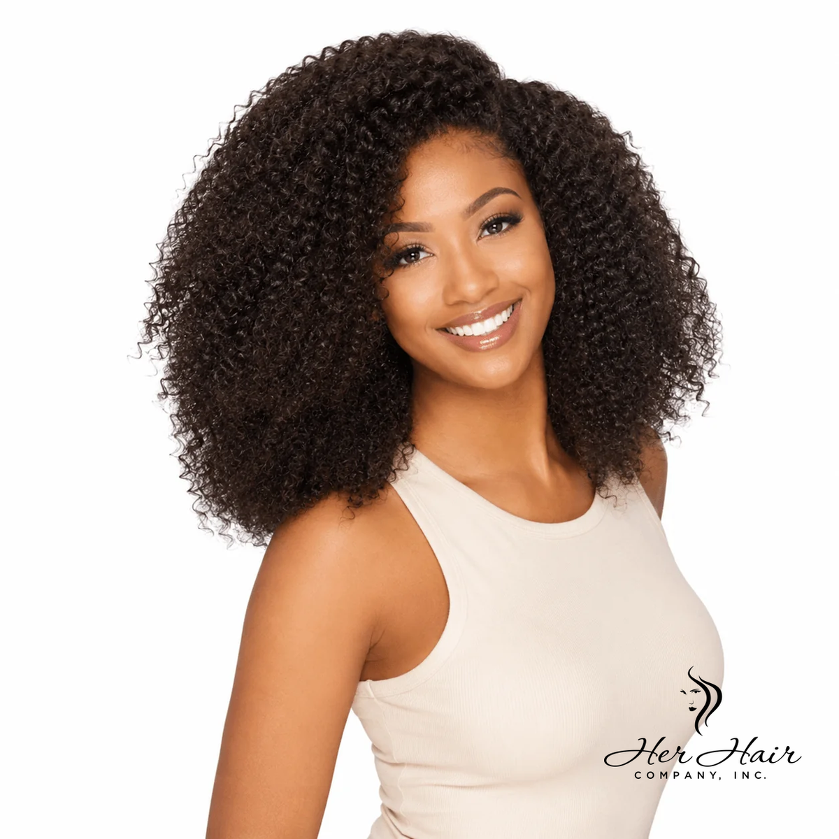 Brazilian kinky curly hair 3 bundle deal from Her Hair Company, natural textured curly bundles shown front view.
