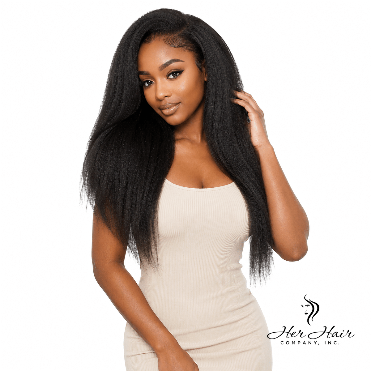 Brazilian kinky straight hair 3 bundle deal with standard frontal from Her Hair Company, showing bundles and frontal on a model.