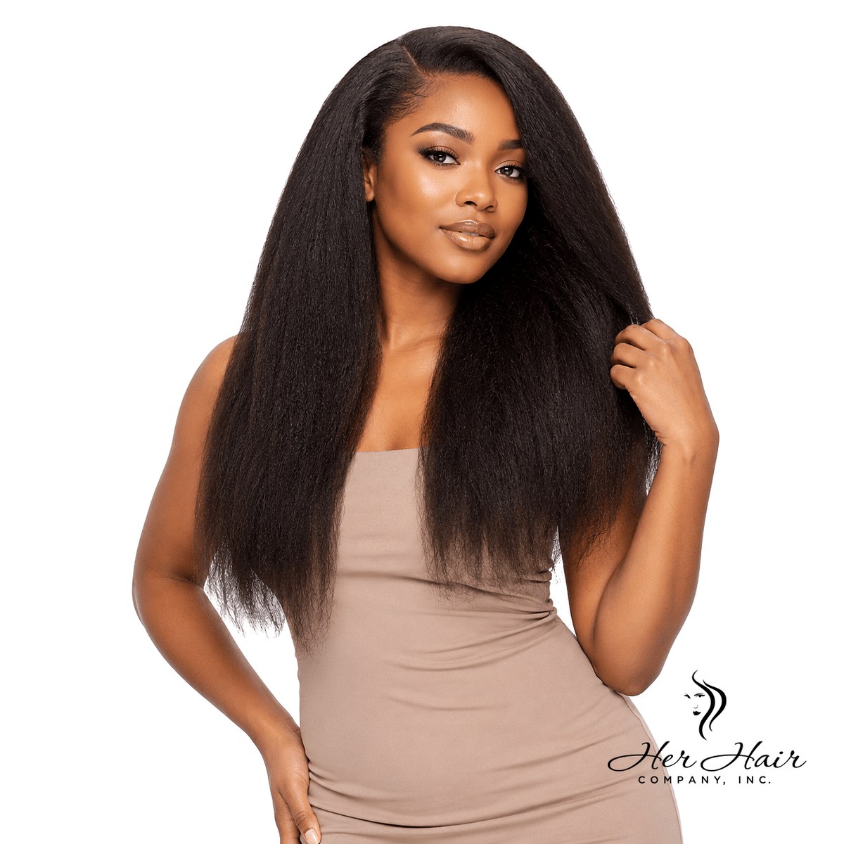 Brazilian kinky straight hair bundles from Her Hair Company, showing natural texture in a standard bundle deal layout.