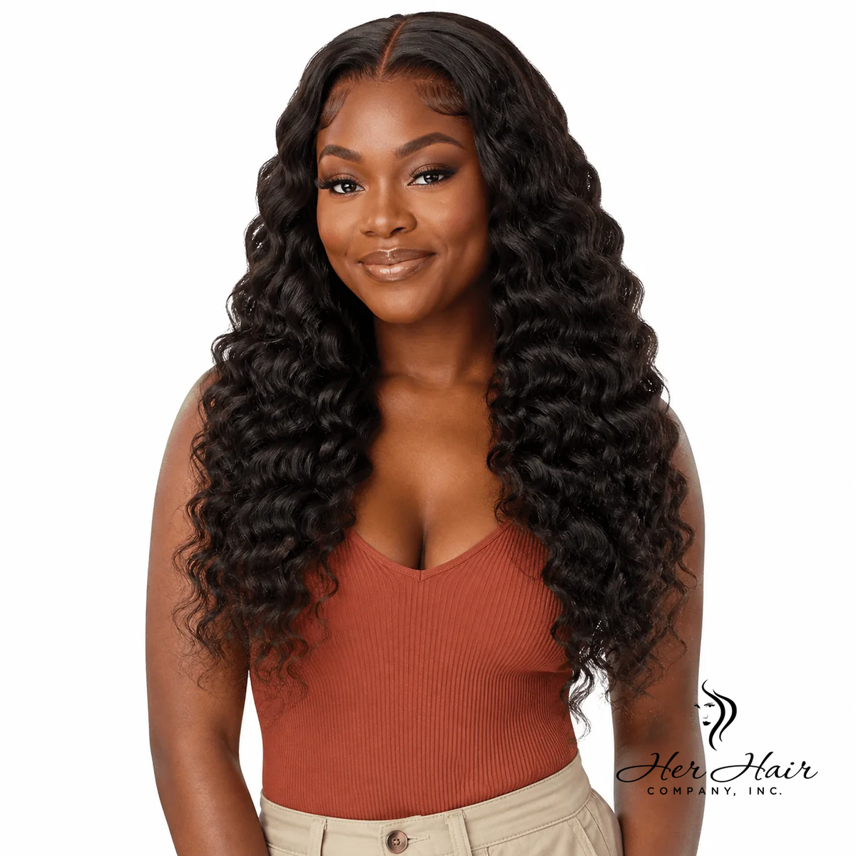 Brazilian loose deep wave 5x5 HD lace closure from Her Hair Company, featuring natural wave pattern and transparent lace for seamless blending.