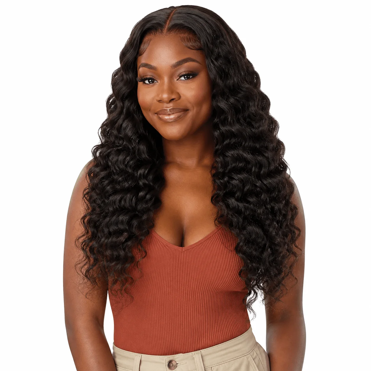 Brazilian loose deep wave 5x5 HD lace closure from Her Hair Company, showcasing natural deep wave texture and lace closure detail.