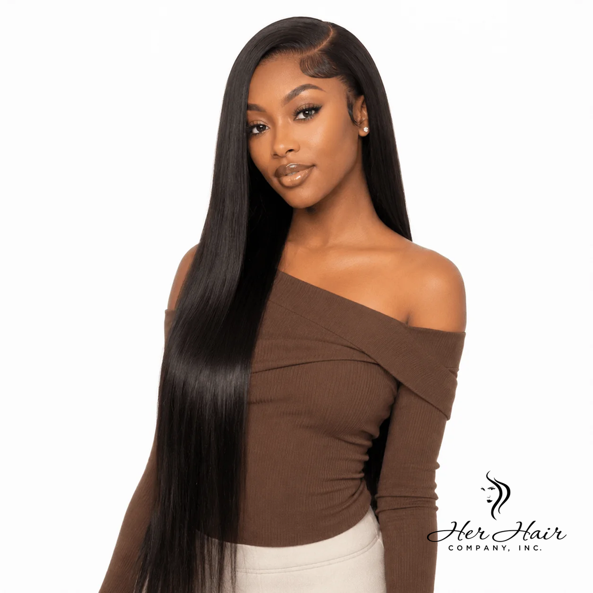 Brazilian straight 13x6 HD lace frontal by Her Hair Company displayed on a model, showcasing natural hairline and lace detail.