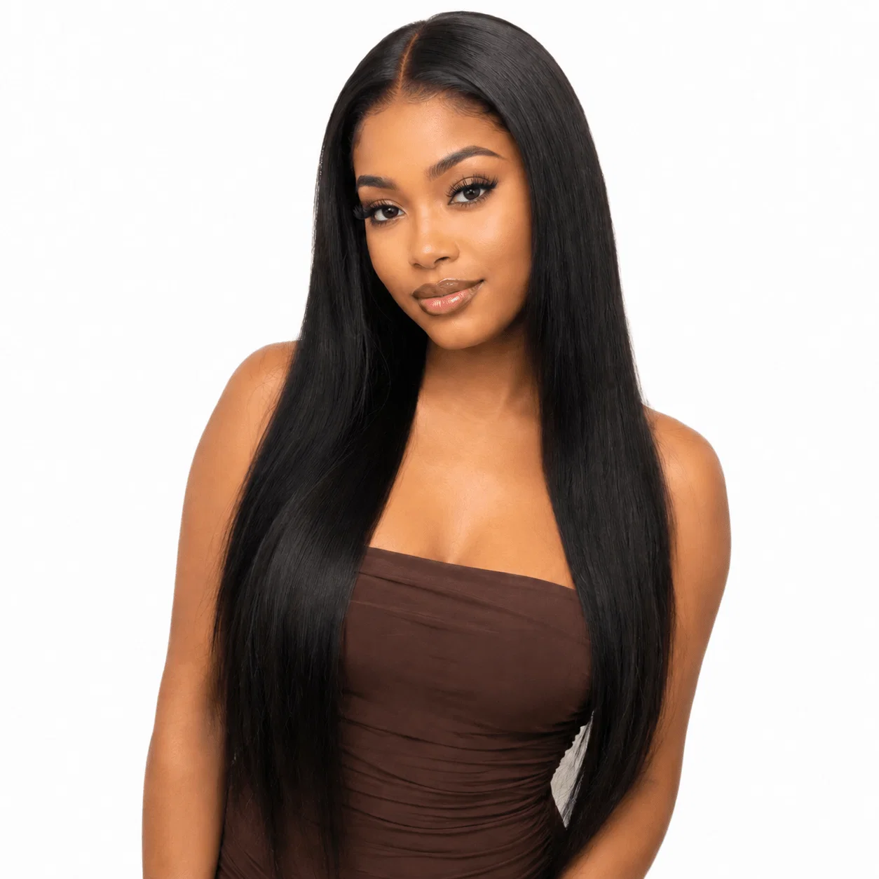 Model wearing Brazilian Straight 4x4 HD Lace Closure in a front view with a sleek middle part, long straight hair, and a smooth natural-looking finish.