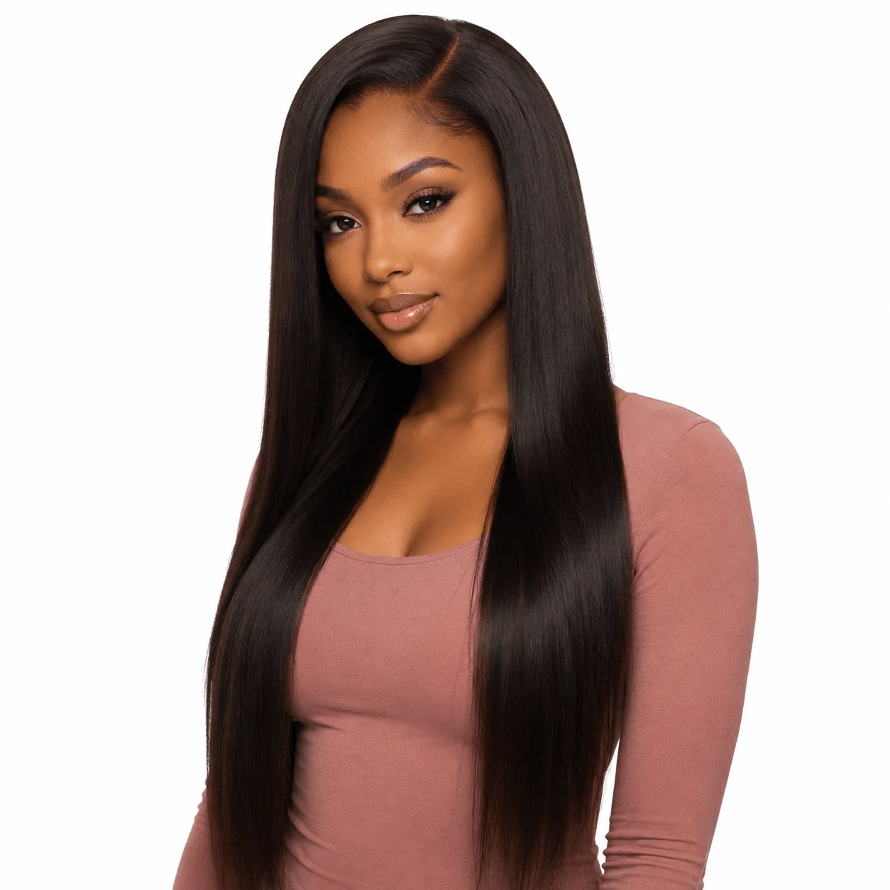 Brazilian straight 5x5 HD lace closure with natural hair texture, shown from the front on a model.