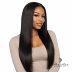 Brazilian straight hair bundle by Her Hair Company, showing smooth, natural hair extension with a front view and brand logo.