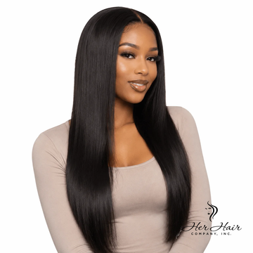 Brazilian straight hair bundle by Her Hair Company, showing smooth, natural hair extension with a front view and brand logo.