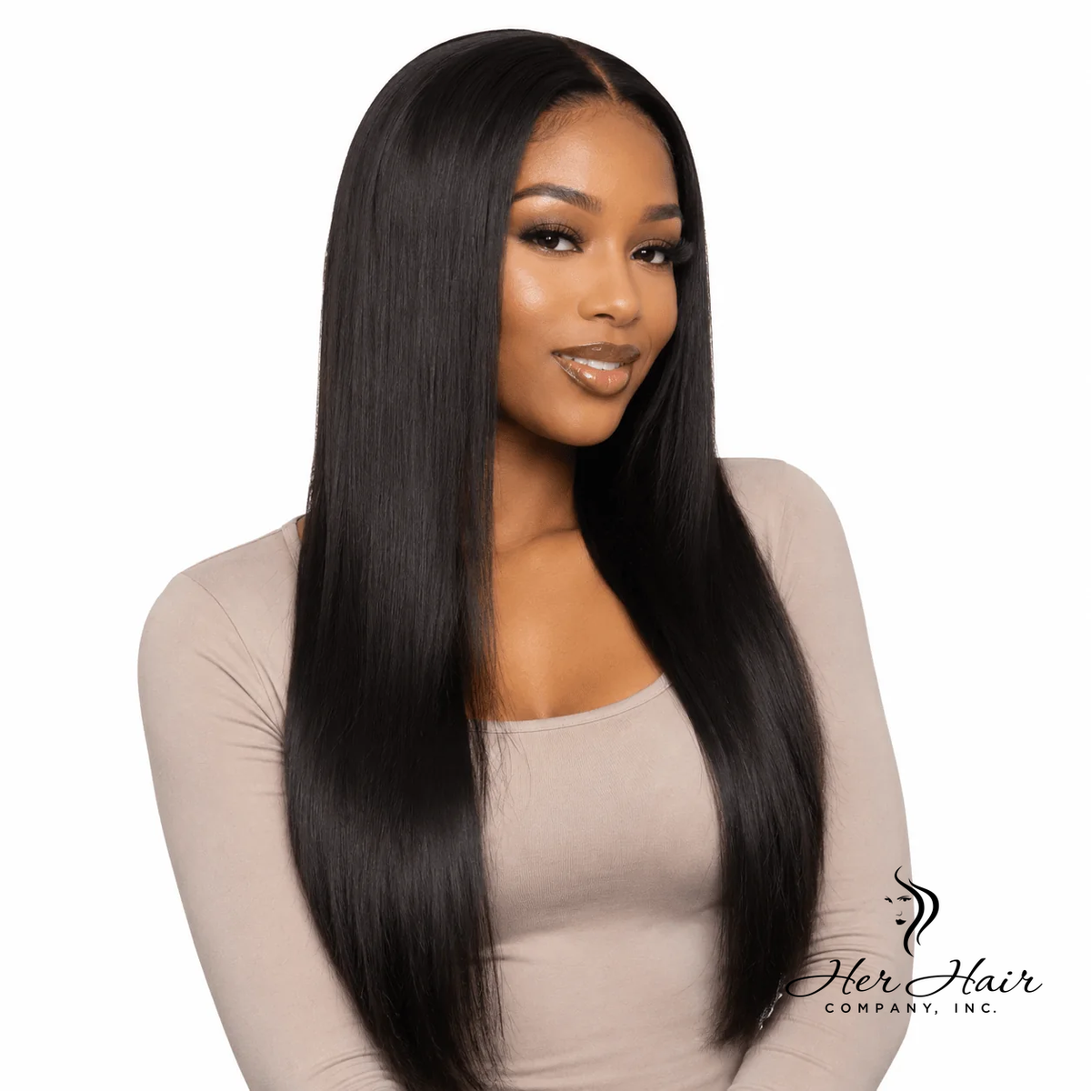 Brazilian straight hair bundle by Her Hair Company, showing smooth, natural hair extension with a front view and brand logo.
