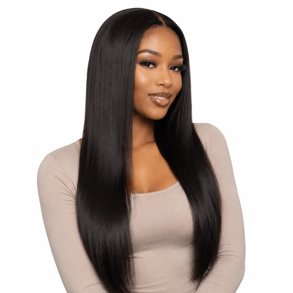 Brazilian straight hair bundle by Her Hair Company, showing smooth, shiny hair extension from front view.
