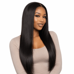 Brazilian straight hair bundle by Her Hair Company, showing smooth, shiny hair extension from front view.