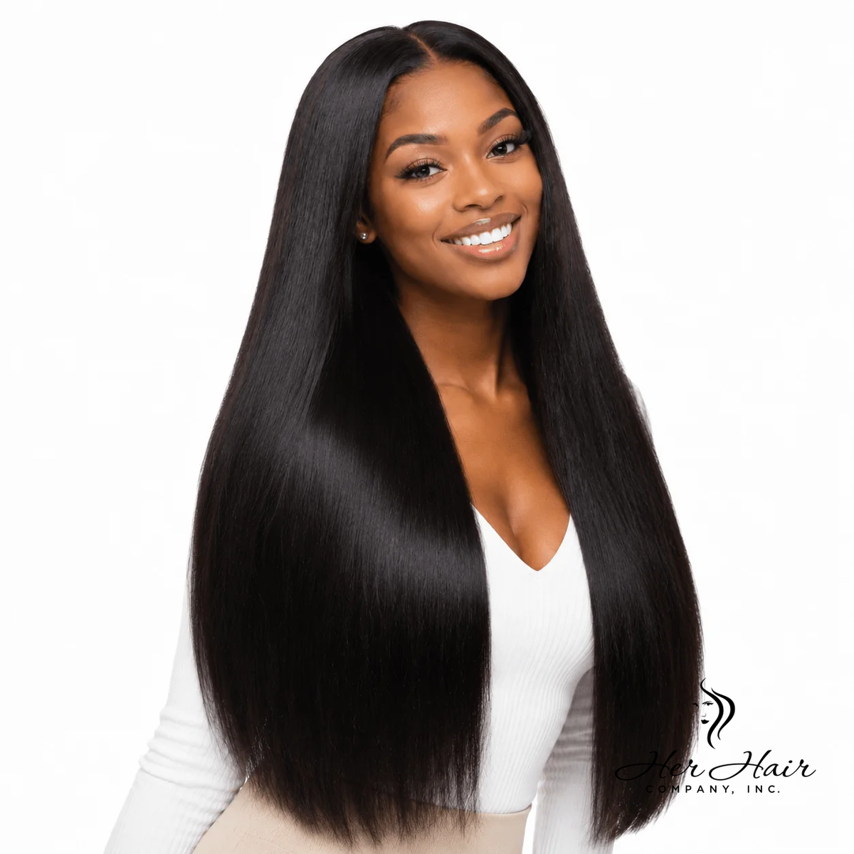 Brazilian straight hair bundles from Her Hair Company, showing four straight hair bundles with logo in front.