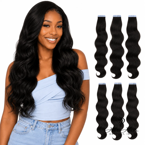Brazilian Tape-In Hair Extensions by Her Hair Company in body wave style, showcased on a model.