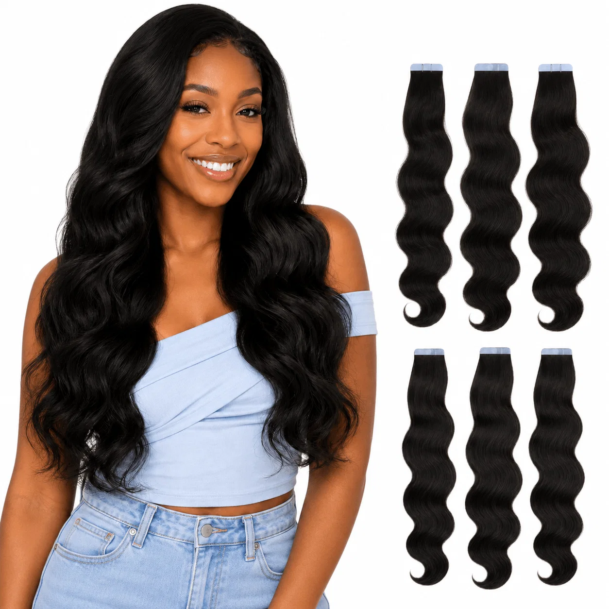 Her Hair Company Brazilian tape-in hair extensions with body wave texture, showcasing natural, seamless hair enhancement.