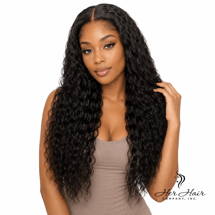 Brazilian Water Wave 5x5 HD lace closure by Her Hair Company, showcasing the detailed water wave pattern and natural lace texture.
