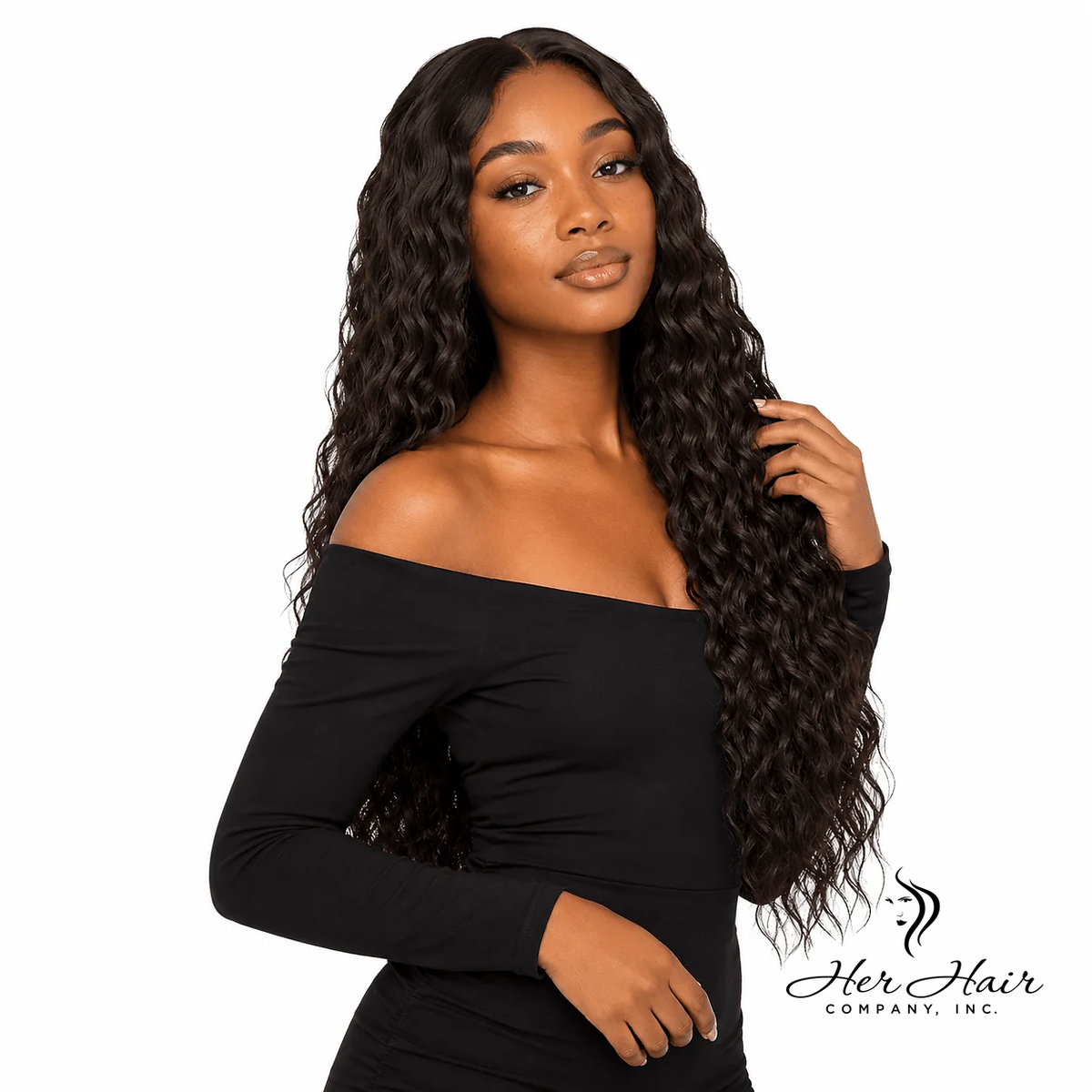 Brazilian Water Wave Hair bundle by Her Hair Company showing soft, wavy hair texture on a model.
