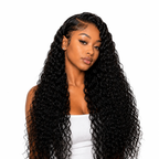 Brazilian Water Wave hair 3 bundle deal from Her Hair Company featuring natural, wavy hair bundles with model.