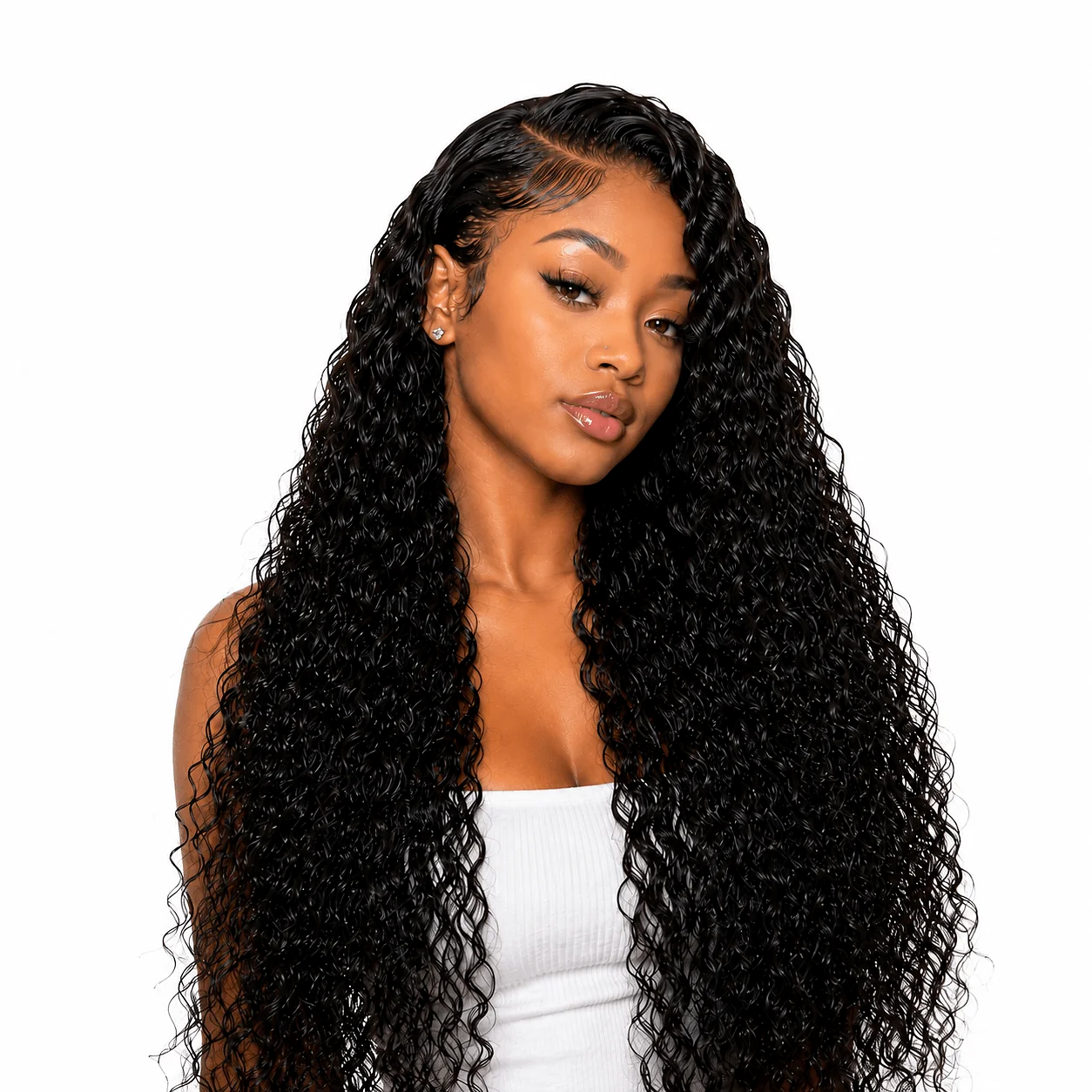 Brazilian Water Wave hair 3 bundle deal from Her Hair Company featuring natural, wavy hair bundles with model.