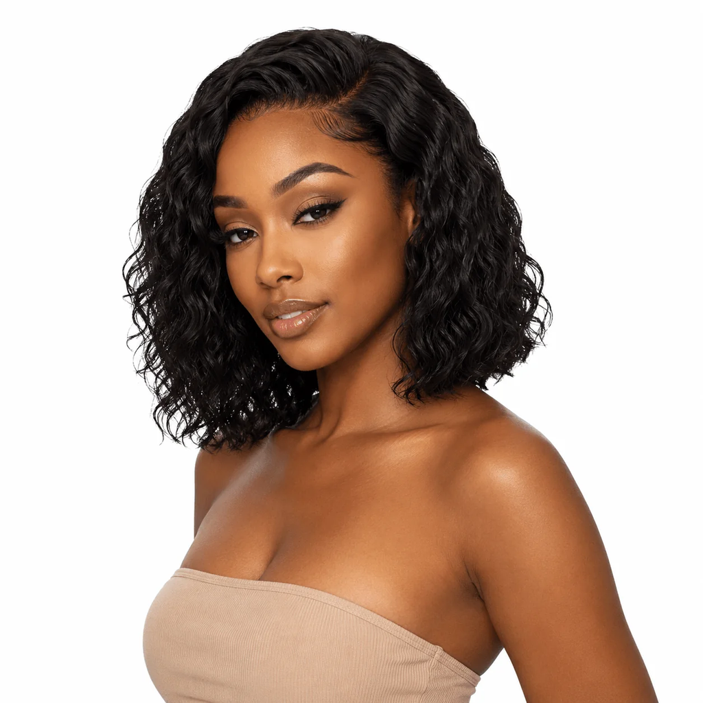 Brazilian wavy 4x4 HD lace closure from Her Hair Company, shown from the front with natural waves and transparent lace.