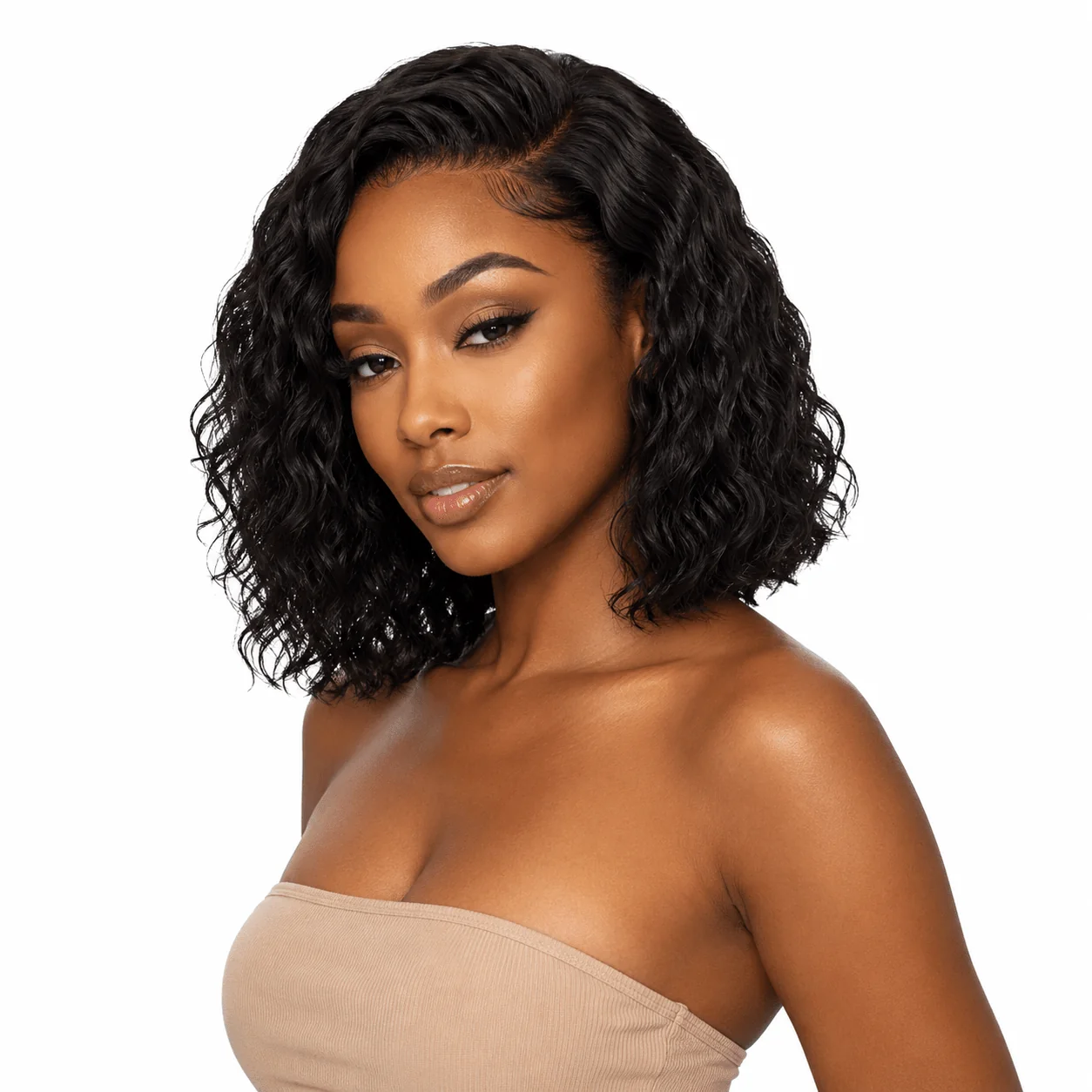 Model wearing Brazilian Wavy 4x4 HD Lace Closure in a front view with a defined side part, soft wavy bob texture, and a natural-looking finish.